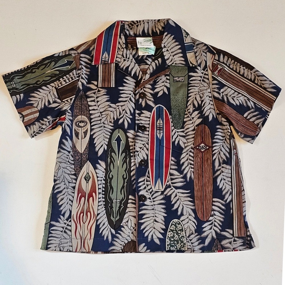 Tropic Moon Boys Navy Blue Surfboard Fern Print Hawaiian Aloha Shirt Size Small